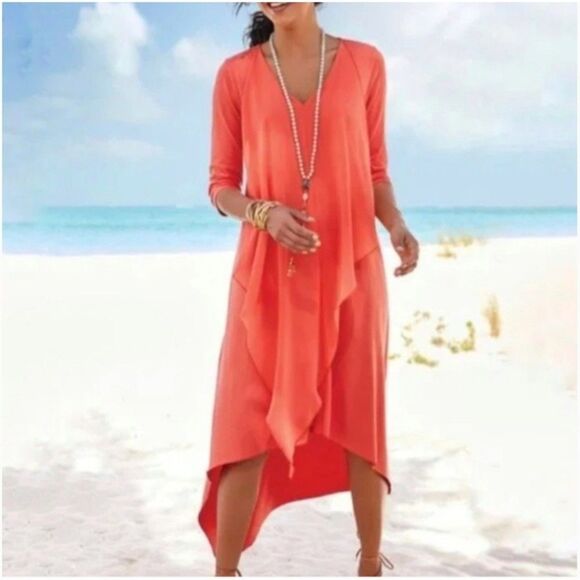 Soft Surroundings Dresses & Skirts - Soft Surroundings Asymmetric Coral Andalou Midi Dress Petite PM Chiffon Front